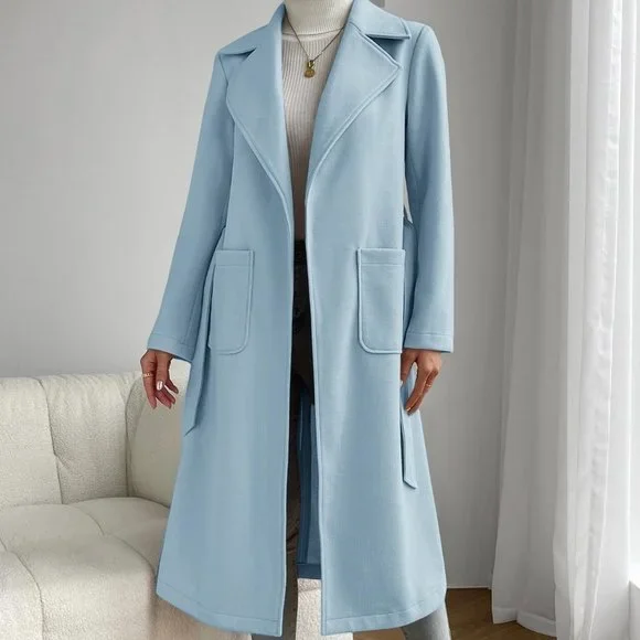 Baby Blue Preppy Womens Lapel Neck Dual Pocket Belted Overcoat - Picture 3 of 5